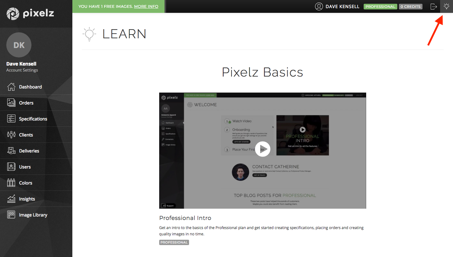 Click the lightbulb in the top right to see video tutorials Retouching tutorial videos within Pixelz account